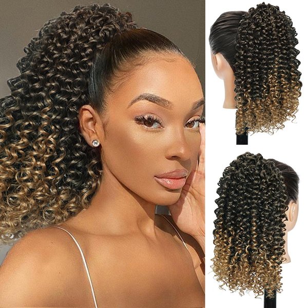 Ponytail Extension Drawstring Ponytail for Black Women 14 Inch Blonde Curly Drawstring Ponytail Extensions Synthetic with 2 Clips on Ponytail Hair Extensions (1B/27#)