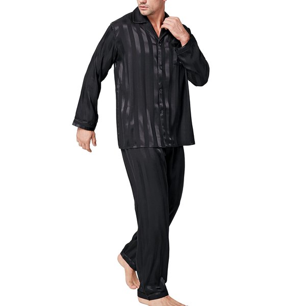 Mens Silk Satin Pajamas Set Sleepwear Loungewear Black L