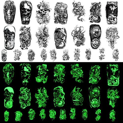 24 Sheet Temporary Tattoos Sticker, Wolf Tiger Lion Skull Waterproof Fake Tattoo for Women Men Kids, Glow in The Dark Temporary tattoos for Halloween Rave Festival Party Supplies Decorations