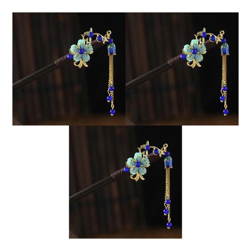3Pcs Blue Chinese Japanese Hair Stick Retro Wooden Hairpin Flower Hair Chopsticks Vintage Tassel Hair Stick Wedding Party Hair Stick Hanfu Hairpins, Chinese Hair Pins, Japanese Hair Stick