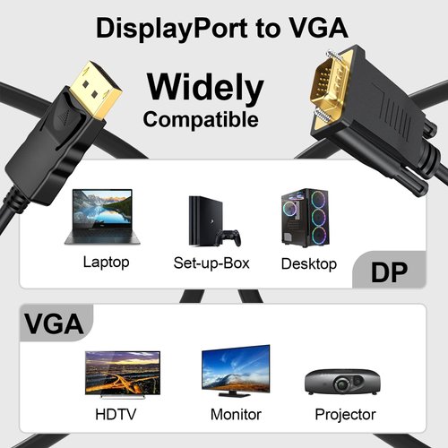 DisplayPort to VGA Cable 6 Ft, 2-Pack Display Port DP to VGA Adapter Cord Male to Male HD Video 1080P for Computer, Monitor, TV, Projector
