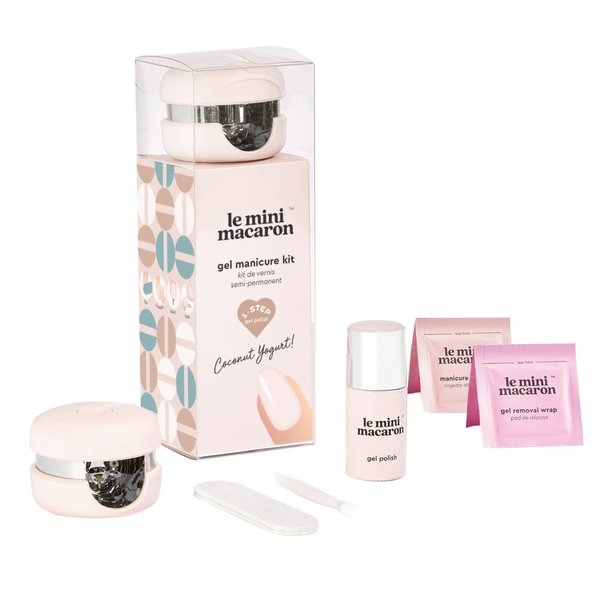 Le Mini Macaron DIY Gel Manicure Kit | Gel Nail Polish Kit w/ LED Nail Dryer Lamp, 1 Gel Polish, Cuticle Stick, Nail File, & Remover Wraps, (Coconut Yogurt)