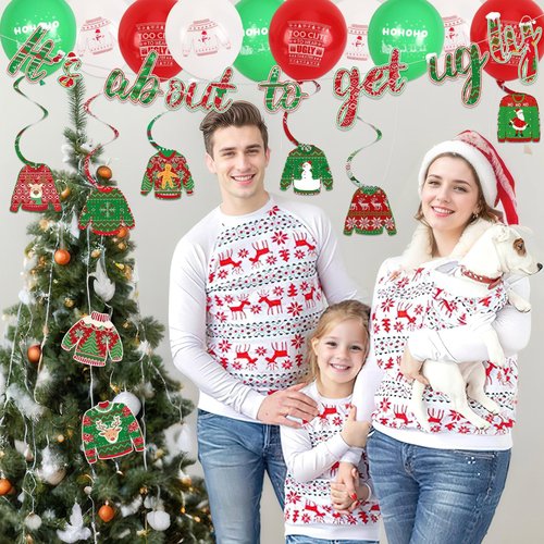 MARFOREVER 25 Pcs Christmas Ugly Sweater Party Decorations, It's About To Get Ugly Banner Balloons Ugly Christmas Sweater Hanging Swirls Set for Xmas Winter Holiday Party Supplies Decor