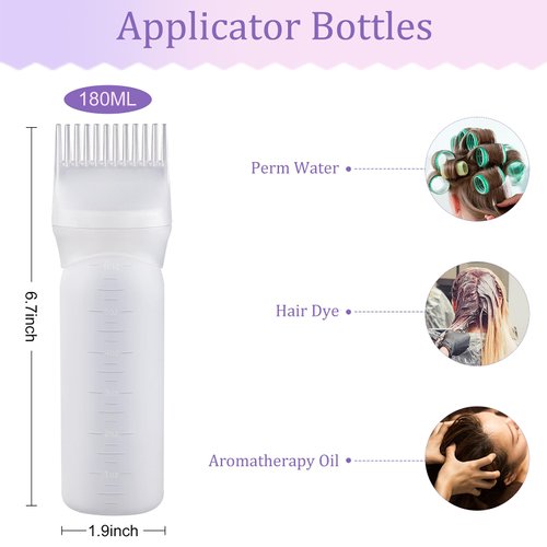 Wowang Root Comb Applicator Bottle 6 Ounce 2 Pack 12-tooth Comb Leak proof Hair Dye Brush Hair Color Applicator Bottle with Graduated Scale(White)