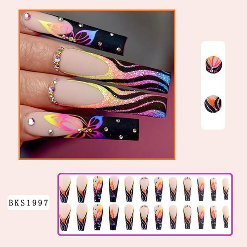 Press on Nails Long Coffin French Tips Glossy Artificial Fake Nails with Butterfly Designs Ballerina Long Square Acrylic False Nails Glue on Nails Full Cover Stick on Nails Fingernails for Women