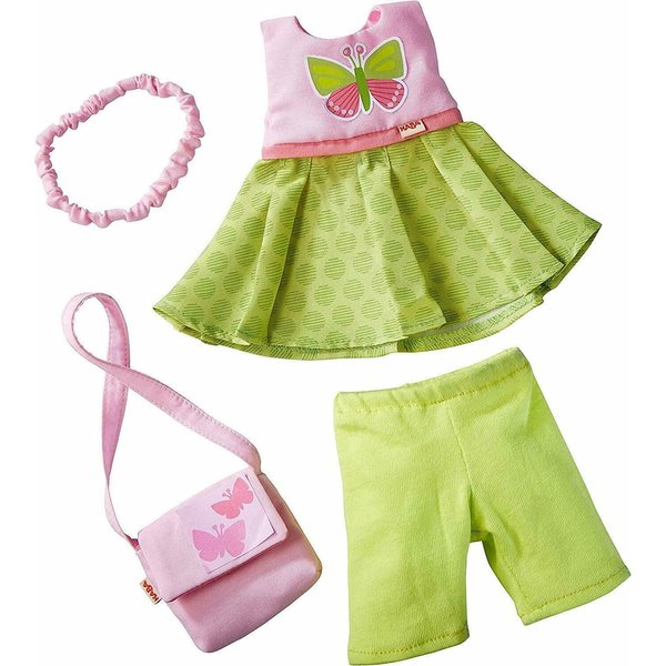 HABA Butterfly Dress Set - 4 Piece Ensemble with Headband, Purse, Dress and Capri's Fits 12" - 13.5" Soft Dolls