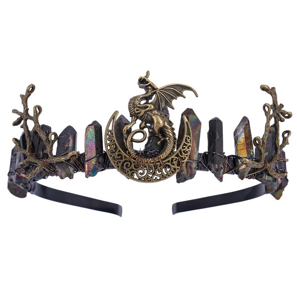 CoTeeZa Black Fairy Crystal Crown - Elf Raw Quartz Tiara Forest Witch Crown Bronze Vintage Dragon Branch Headdress Fantasy Elven Circlet for Festival Wedding Party Halloween Masquerade