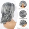 KRSI Grey Layered Wig Mix Gray and Black Natural Wave Hair Wigs for Women Shoulder Length Silver Wavy Wigs with Curtain Bangs Wigs 14inch Short Layered Gray Wig Short Synthetic Wigs for Black Women