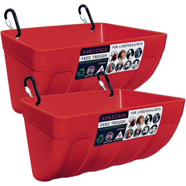 APRICOCK 2 Pack Feed Trough and Waterer Bucket with Clips, for Goats Chickens Duck Sheeple Dogs Piglets Deers Gooses, Turkeys, Goat Feeder Supplies, 4.5 Quart (Appearance Patent Product)