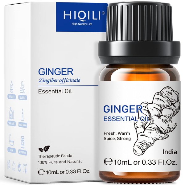 HIQILI 0.33 Fl Oz Ginger Oil, 100% Pure Natural Ginger Essential Oil for Hair, Massage, Skin - 10ML