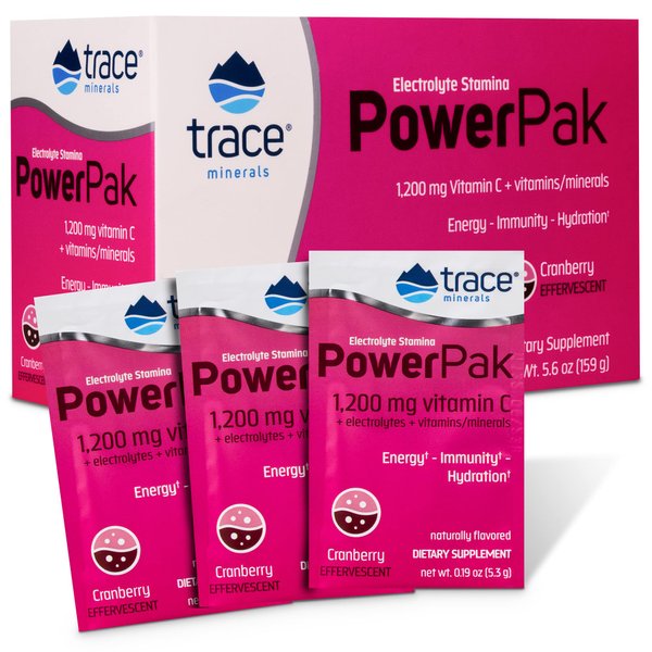 Trace Minerals | Power Pak Electrolyte Powder Packets | 1200 mg Vitamin C, Zinc, Magnesium | Boost Immunity, Hydration and Natural Energy | Cranberry | 30 Packets