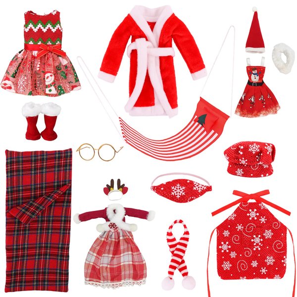 14pcs Christmas Clothes Santa Couture for Elf Accessories Include Sleeping Bag, Scarf, Glasses, Socks Boot, Hammock, Bathrobe, Apron and Chef Cap, Skirt, for Elf Doll Decorations