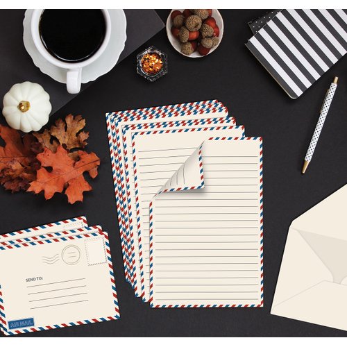 Better Office Products Vintage Airmail Mini Stationery Set, 100 Piece Set (50 Lined Sheets + 50 Matching Envelopes), 5.5 x 8.25 inch, Design, Double Sided Printing, Double Side Lined Paper,