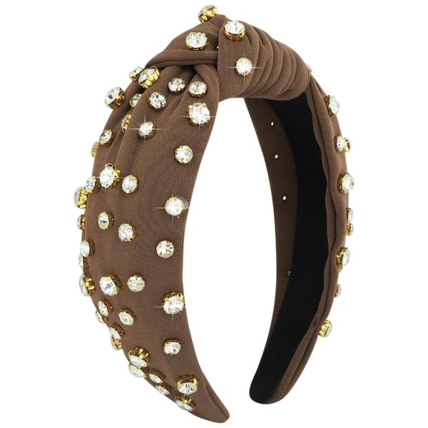 Uintoon Brown Knotted Headband Sparkly Rhinestone Headbands Women Girls Wide Top Knot Shiny Headbands Headpieces Crystal Beaded Jeweled Hairbands Fashion Embellished Hair Band Non Slip Accessories