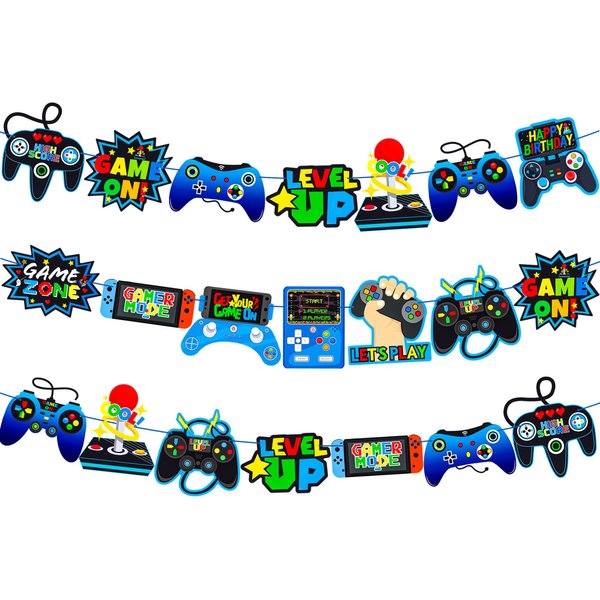 3pcs Video Game Controller Banner Video Game Party Decorations Video Game Birthday Banner Decorations for Boys Kids Game On Party Supplies Pre-Assembled Bunting Garland Hanging Wall Decor