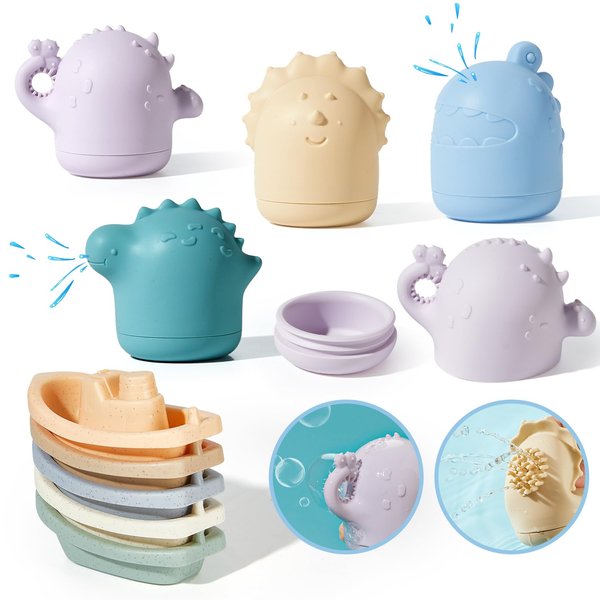 AMCHSURI Baby Bath Toys for Kids Ages 1-3, 9 PCS Mold Free Toddler Bath Toys for 2-4 Bathtub Water Toys Stackable Bath Boats and Silicone Bath Toys for Babies 6-12 Months