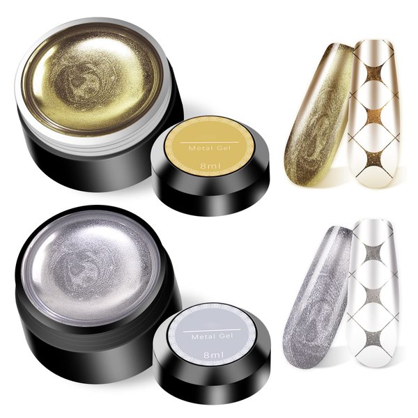U-Shinein 2 Colors Metallic Painted Gel Polish, Golden Silver Nail Painted Gel Polish 3D Metal Gel Nail Art Painting Gel Sculpture UV/LED DIY Nail Art Manicure, 2x8ml
