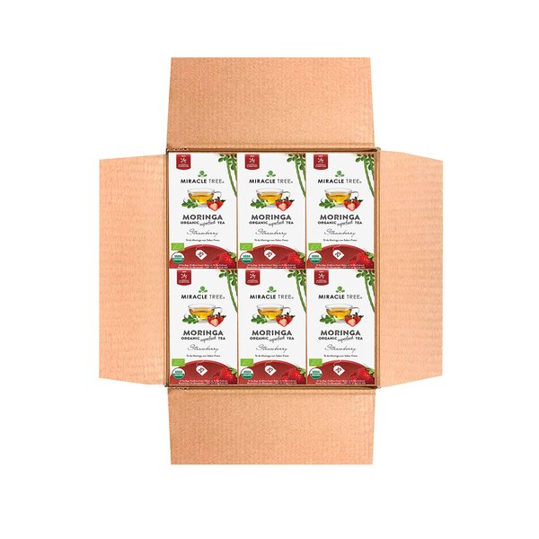 Miracle Tree - 6 Count of Organic Moringa Superfood Tea, 25 Individually Sealed Tea Bags, Strawberry (Keto, Detox, Energy/Immunity Booster, Vegan, Gluten-Free, Organic, Non-GMO, Caffeine-Free)