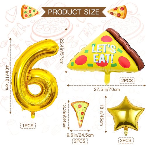7pcs Pizza Balloons, Pizza Birthday Number Mylar Foil Balloon Pizza Slice Party Supplies Pizzaria Birthday Decorations (6th)