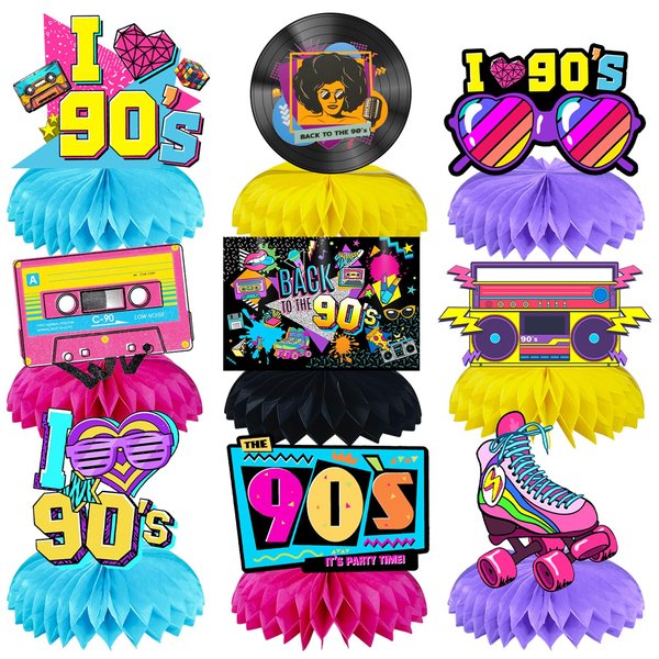 9Pcs 90S Birthday Party supplies set Honeycomb Centerpieces Double Sided Table Topper for 90'S Birthday Party Decorations (90S)