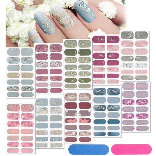 140 Pcs 10 Sheets Full Wrap Nail Stickers Nail Polish Strips Gradient Stickers Glitter Self Adhesive DIY Art Decals Strips with 2 Pcs Nail Files for Holiday Nail Decor (Classic Style)
