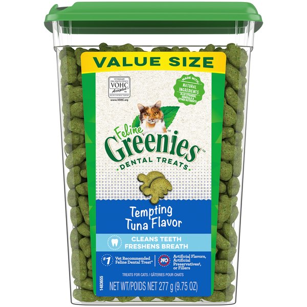 Greenies Feline Adult Dental Cat Treats, Tempting Tuna Flavor, 9.75 oz. Tub