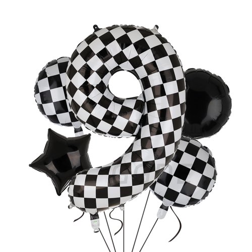 40 Inch Checkered Number Balloon 9 Black and White Race Car Birthday Balloons Baby Hippie Smile Party Shower Boys 9th Birthday Race Car Theme Party Decor Supplies 5 Pcs
