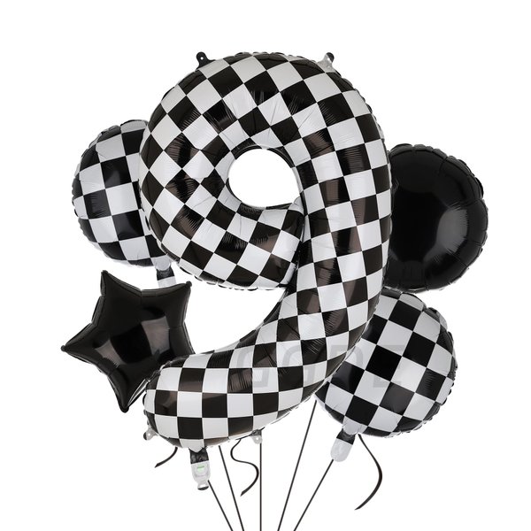 40 Inch Checkered Number Balloon 9 Black and White Race Car Birthday Balloons Baby Hippie Smile Party Shower Boys 9th Birthday Race Car Theme Party Decor Supplies 5 Pcs