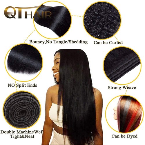 QTHAIR 14A Grade Brazilian Straight Human Hair Bundles with Closure(16" 18" 20"+16"Free Part Lace Closure,Natural Black) 100% Unprocessed Brazilian Virgin Hair Extensions for Black Women
