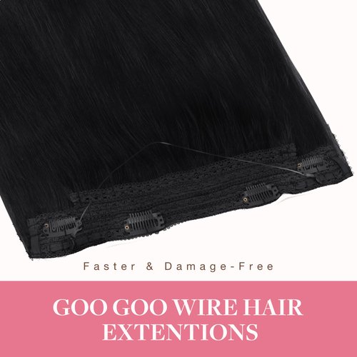 GOO GOO Wire Hair Extensions Real Human Hair, 16inch 95g Jet black, Invisible Wire Hair Extensions with Transparent, Seamless Fish Line Hairpiece, Straight Remy Hair Extensions