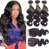 QTHAIR 12A Grade Brazilian Virgin Hair Body Wave 3 Bundles With Lace Closure Unprocessed Human Hair Extensions Weave Natural Color (12 14 14+10 Inch Closure, Middle Part)