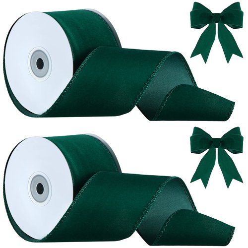 Lyrow 2 Rolls Christmas Velvet Ribbon 2.5 Inches Christmas Velvet Satin Ribbon Vintage Wide Wired Edge Wrapping Ribbon for Christmas Wedding Decorating, Gift Wrapping Bow (Green,20 Yards)
