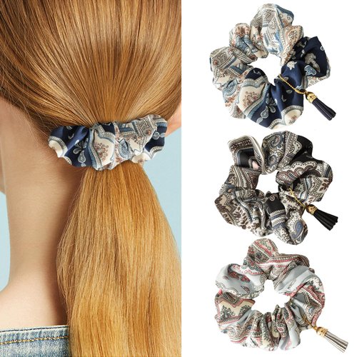 3 Pack Tassel Scrunchies for Thick Hair, Flower Hair Scrunchies for Women Printed Multi Colors, No Crease Hair Accessories Soft Ropes Ponytail Holder, Retro Fabric Hair Bands(C#)