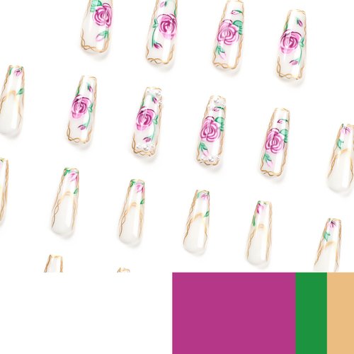 Vezocim Press on Nails Long Coffin 24Pcs Glossy Full Cover Acrylic Square White False Nails with Pink Flower Designs Ballerina Extra Long Artificial Fake Nails Glue Stick on Fingernails for Women