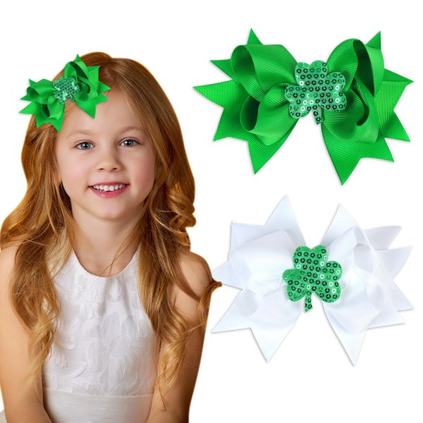 AIUPUOC St. Patrick's Day Bow Hair Clips for Girls Shamrock Hair Bow Clips Hair Accessories Green Sequins Shamrock Design Hair Barrettes Green Bow White Hair Bow Silk Ribbon Hair Decorations 2Pcs
