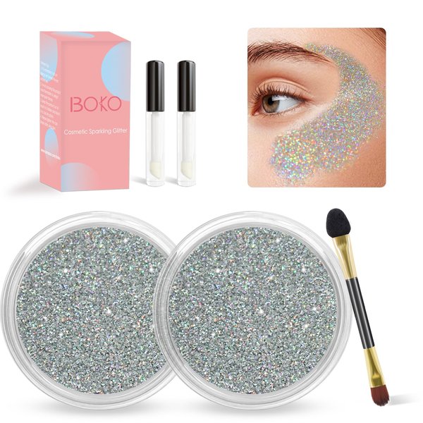 Boko Sparkle Glitter Powder 14g Cosmetic Grade Holographic Silver Glitter Carnaval Body Makeup for Glitter Eyeshadow Lip Face Paint Nail Art Festival Concert Party Rave Accessories - Rainbow