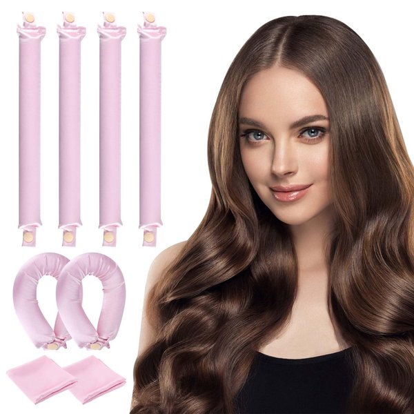 Senprity Heatless Curlers, 4 pcs XL Satin Flexi Rods for Heatless Hair Curler, Soft Heatless Curls Overnight with Hair Caps, Flexible Heatless Curling Rod for Most Hair Types, Hair Styling (Pink)
