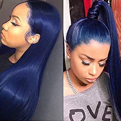 karissa Hair Dark Blue Lace Front Wigs for Women Soft Blue Long Natural Straight Realistic Synthetic Wig with Natural Hairline Glueless Heat Resistant Fiber Hair Cosplay Party Makeup Daily 24inches