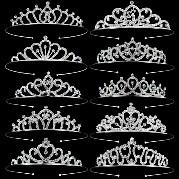 10 Pcs Silver Crystal Princess Crowns - Bulk Tiaras and Crowns with Rhinestones for Little Girls' Birthday Party, Prom, Wedding - Elegant Tiaras for Women
