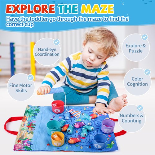 Montessori Toys for 1 Year Old, 22 Pcs Cloth Fishing Game for Baby 6-12 Months with Stacking Cups, Number Counting, Color Sorting, Shape Learning, Maze Toddler Toy Baby Boy Girl Birthday Gifts for 1-3