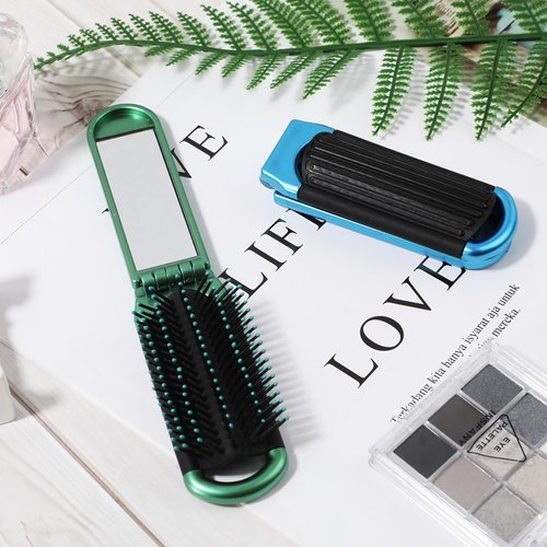 Mini Hair Brush,2 Pcs Folding Hair Brush Travel Hair Brush Compact Hair Brush with Mirror for Women Girls,Massage Comb Pocket Hair Comb for Travel. Gym, Trip, Purse, Swimming (Blue & Green)
