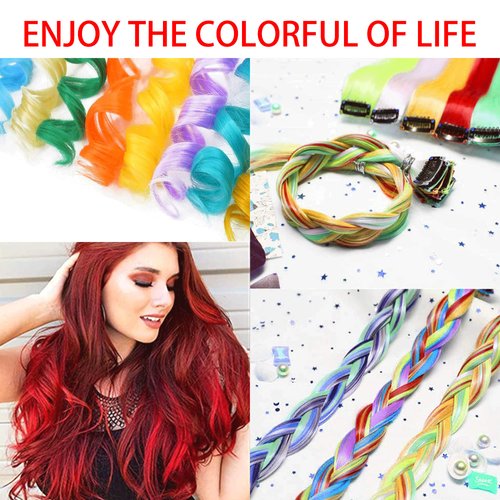 SOYZMYX 16 Pcs Curly Colored Hair Extensions Party Highlights, Multi-Colors Wavy Hairpiece Clip in Synthetic Rainbow Streak for Kids Girls Women 17 inch(Red)