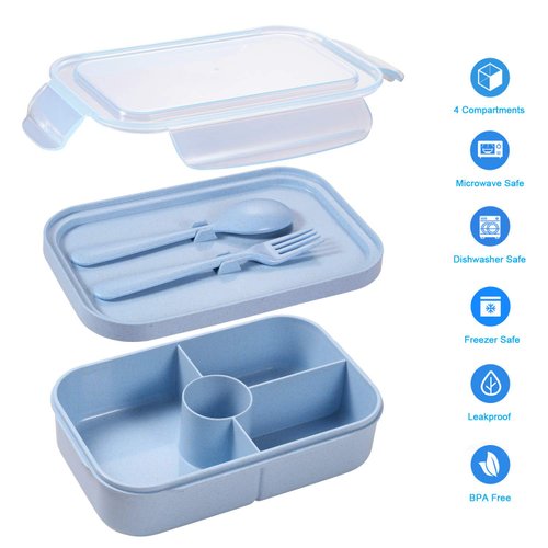 Jeopace Bento Box for Kids Lunch Containers with 4 Compartments Kids Bento Lunch Box Microwave/Freezer/Dishwasher Safe (Flatware Included,Light Blue)