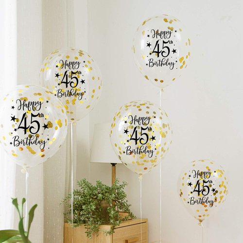 Gold 45th Confetti Latex Balloons, Woman or Man Happy 45 Years Birthday Party Balloon Decoration With Confetti, 12in, 16 Pack