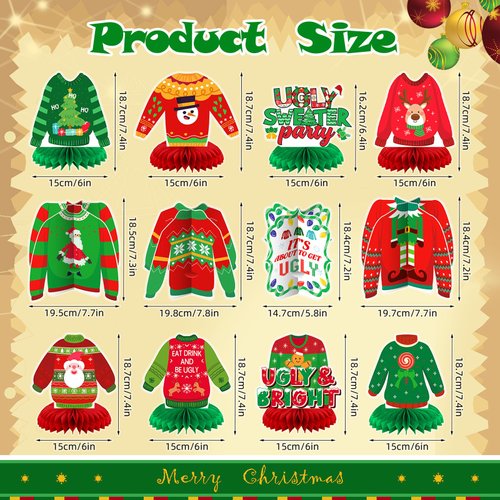 Weekgrat 12 Pcs Ugly Sweater Table Decor Christmas Ugly Sweater Honeycomb Centerpieces Xmas Ugly Sweater Party Decorations 3D Table Toppers for Christmas Winter (Sweater, Vivid Color)