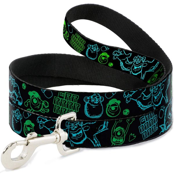 Buckle-Down Pet Leash - Monsters Inc. Sully & Mike Poses/GRRRRR! Black/Turquoise/Green - 6 Feet Long - 1" Wide