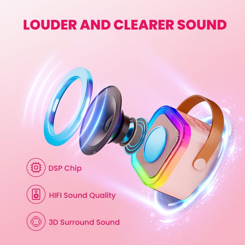 Mini Karaoke Machine for Kids, Portable Bluetooth Speaker with 2 Wireless Microphones, Gifts Toys for Girls 4, 5, 6, 7, 8, 9, 10 +Year Old Birthday Family Home Party(Pinkcolor)