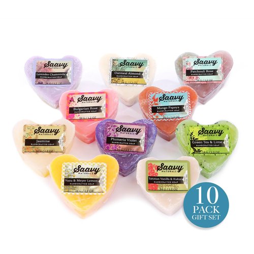 Saavy Naturals Heart Shaped Soap Set, Scented Organic Natural Soap Bar, Body Wash and Natural Vegan Soap Bar Gift Set, Nourishing Hand Soap Bar for Soft Skin, 1.2 Oz, 10 Pack Made in the USA