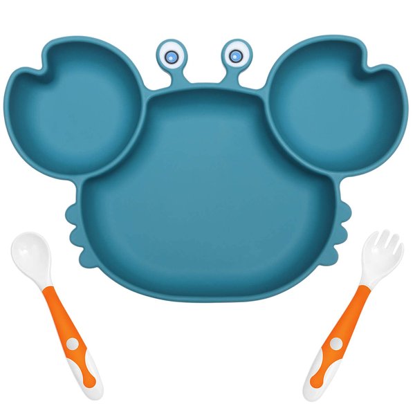 YIVEKO Baby Plates with Suction Divided, Baby Spoon Fork Set for Toddlers, Silicone Plates for Kids with Suction Baby Dishes Kids Plates and Utensils-crab blue