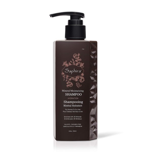 Saphira Mineral Moisturizing Shampoo, Hydration and Shine for Dry, Damaged, Permed or Chemically Treated Hair and Scalp, Sulfate-Free, Paraben-Free, Vegan, Prevents Frizz and Split Ends, 8.5 Ounce